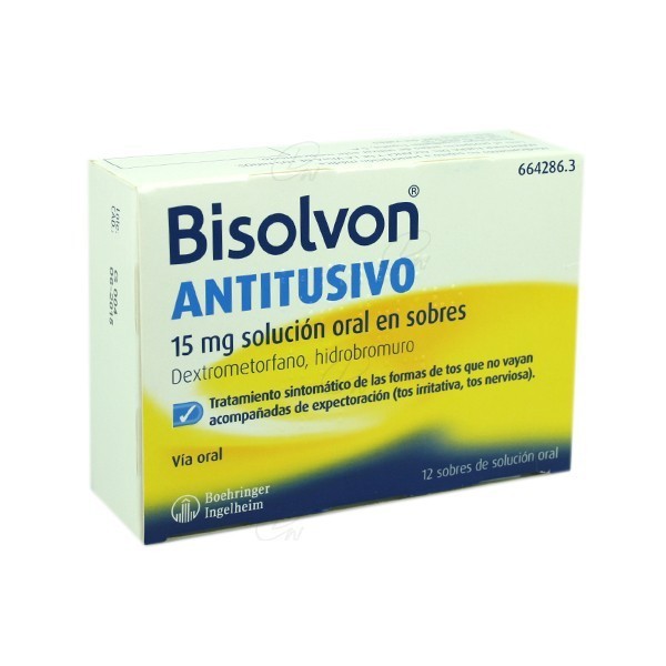 BISOLVON ANTITUSIVO 15 mg SOLUCION ORAL EN SOBRES, 12 sobres